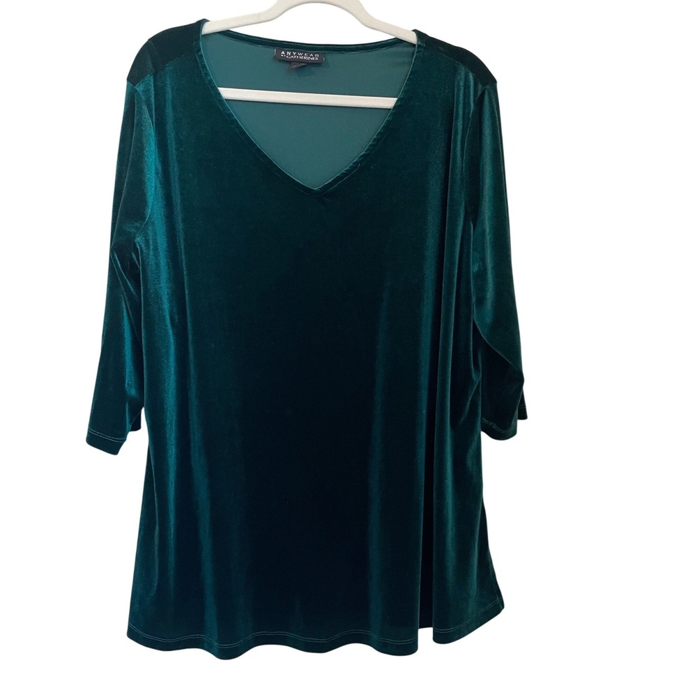 Catherines Emerald Green Stretch Velvet V-Neck 3/4 Sleeve Tunic Top Size 1X